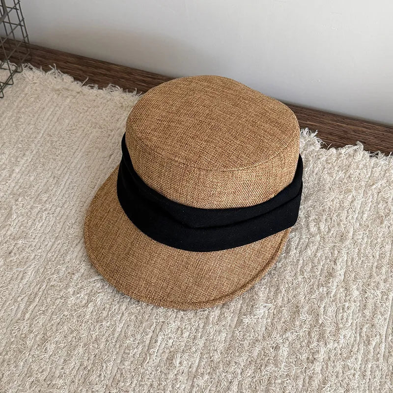 Retro Pleated Imitation Linen Flat Top Equestrian Hat Women's