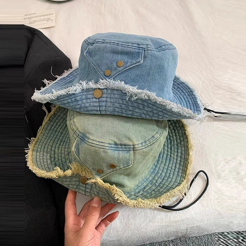 Spring Summer Wide Brimmed Washed Denim Fisherman Hat