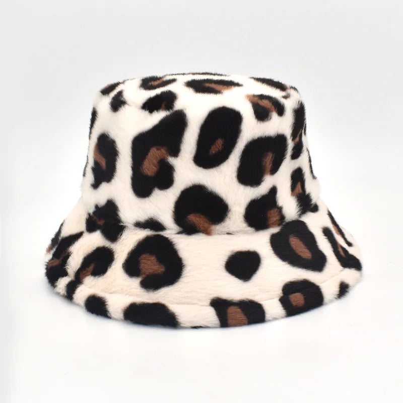 Winter Bucket Hat Women's Fashion Leopard Panama Warm Hats Female Vintage
