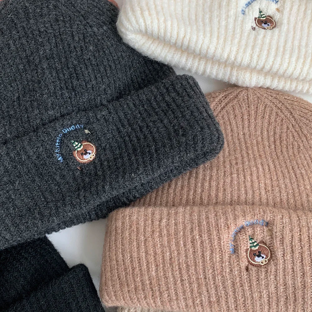 ‌2025 New Autumn Winter Bear Embroidery Windproof Pullover Beanie Hat