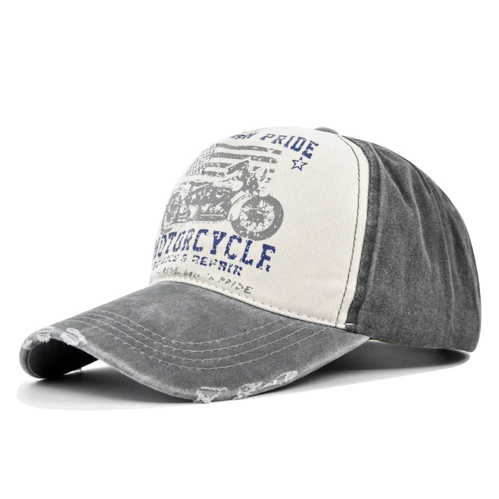 Vintage Washed Baseball Cap American Flag Motorcycle Print Distressed Dad Hat Outdoor Sun Cap Unisex