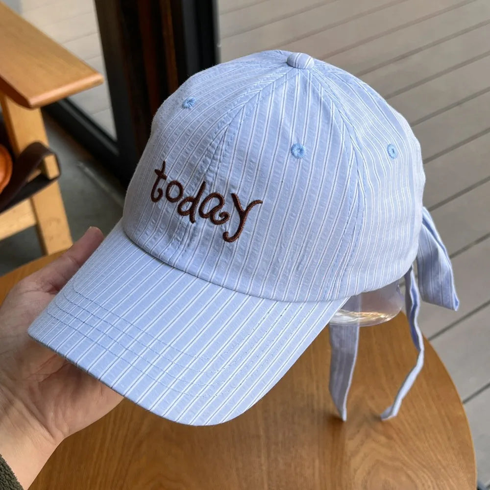 Embroidered Letter Baseball Cap Sweet Bow Tie Striped Design Sun Hat