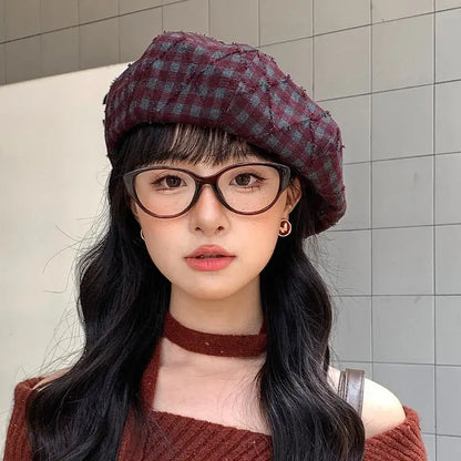 Hot Sale Retro Contrasting Color Plaid Berets For Women