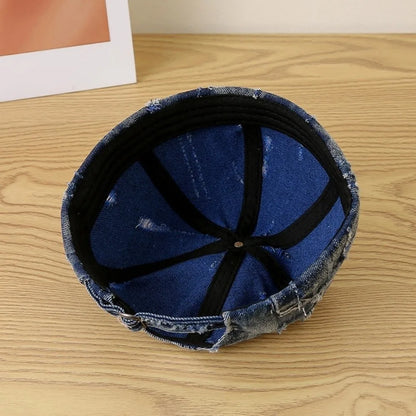 Broken Denim Docker Cap Frayed Edges Graffiti Print Distressed Denim Hat