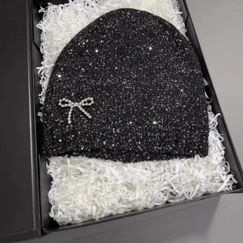 Sparkling Sequined Knitted Hat Girls Sequin Bowknot Cap Women Pearl Bow Dome Hats