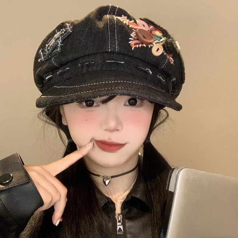 Personalized Retro Patch Button Star Design Denim Berets Cap
