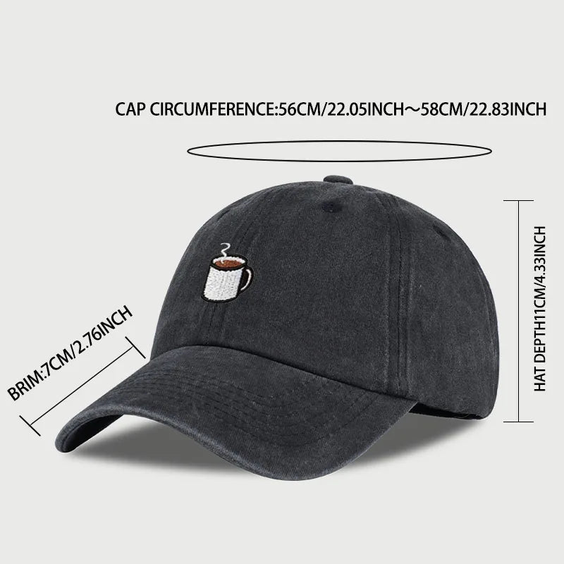 Embroidered Coffee Cup Print Washed Baseball Cap