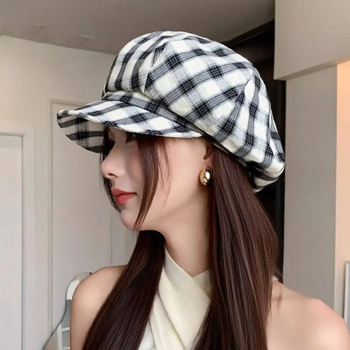 Retro Plaid Beret Hat Summer Travel Versatile Face Slimming Hat