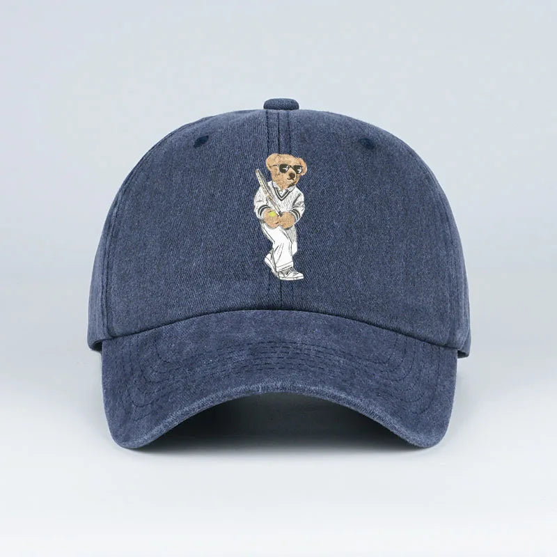 Classic Baseball Bear Print Washed Baseball Cap