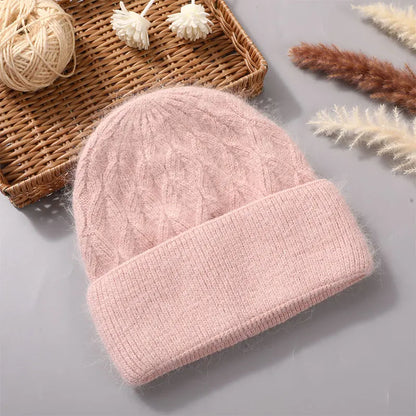 Women Fashion Twist Style Angora Rabbit Fur Beanie Winter Warm Knitted Cashmere Hat