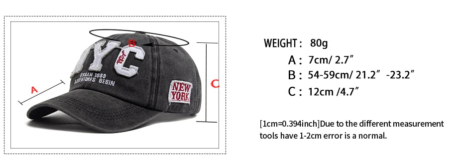 New Vintage Big Letter NYC Baseball Cap Men Cotton Washed Spring Autumn
