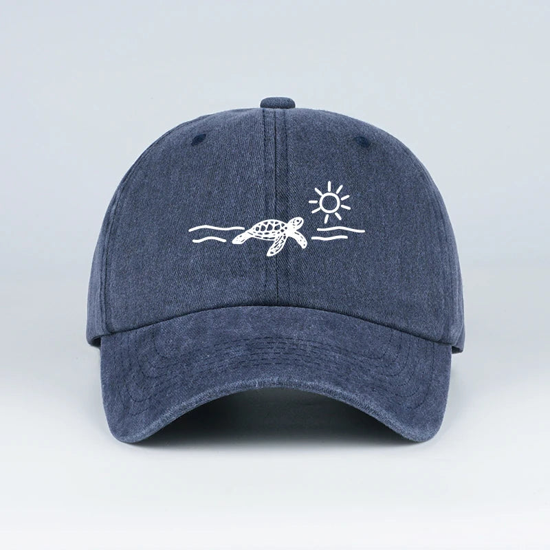 Vintage Washed Baseball Cap with Turtle, Sun, and Wave Print