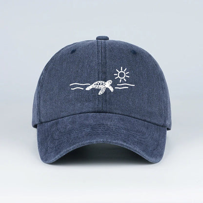 Vintage Washed Baseball Cap with Turtle, Sun, and Wave Print