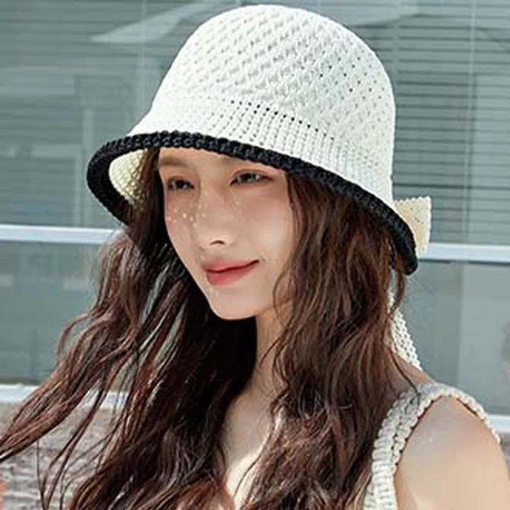 Temperament Knitted Bucket Hat Breathable French Style Bow Fisherman Hat