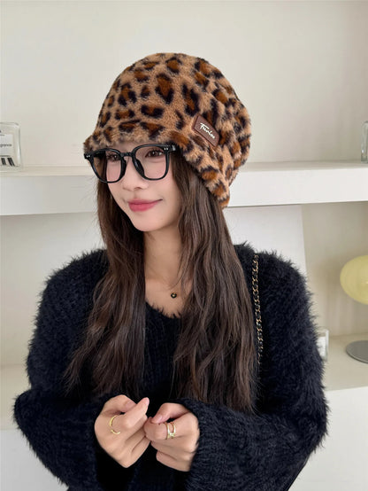 Warm Beanie Fashionable Pile Hat Leopard Print Plush Hat