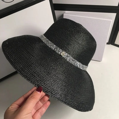 Woolen Rhinestone Solid Color Basin Hat Leisure Outdoor Beach Sun Hat