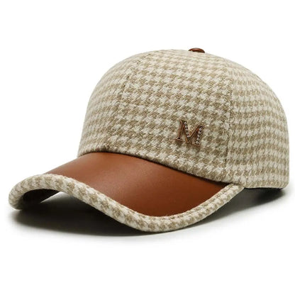 Pu Leather Brim Houndstooth Baseball Cap Face Cap Korean Style Hat