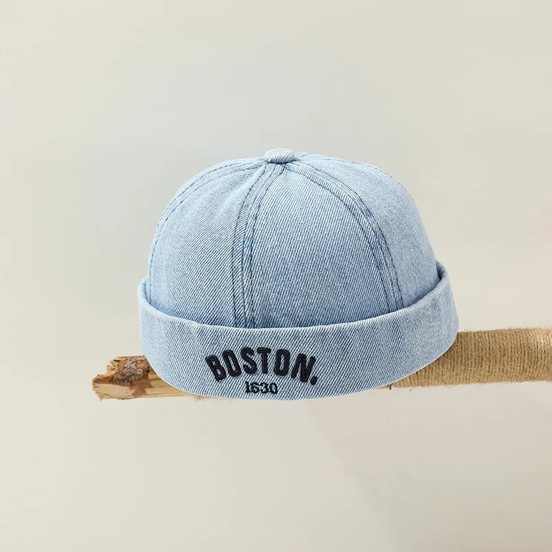 Washed Denim Baby Brimless Hat Retro Letter Embroidered Melon Cap For Kids