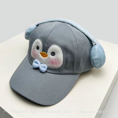 Korean Style Women Cartoon Cat Bear Ears Baseball Cap Plaid Sunshade Wing Versatile Penguin Peaked Cap