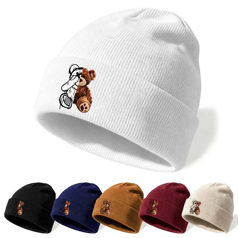 Cute Bear Embroidered Knitted Caps For Men And Women