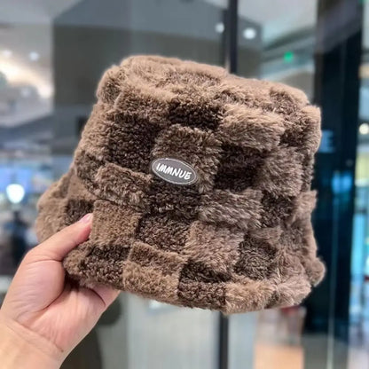 Plaid Checkered Women Bucket Hat Faux Fur Adjustable Checkered Basin Hat