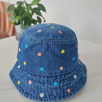Embroidery Little Flower Washed Denim Summer Bucket Hat