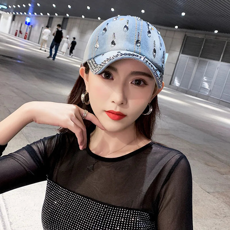 Denim Baseball Cap Women Rhinestone Droplets Cowboy Snapback