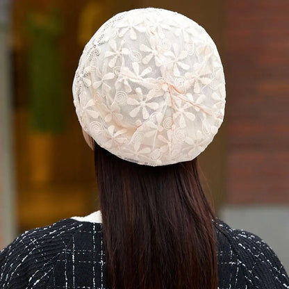 Lace Flower Beanies Cap Hollow Out Elegant Thin Crochet Slouchy Hat