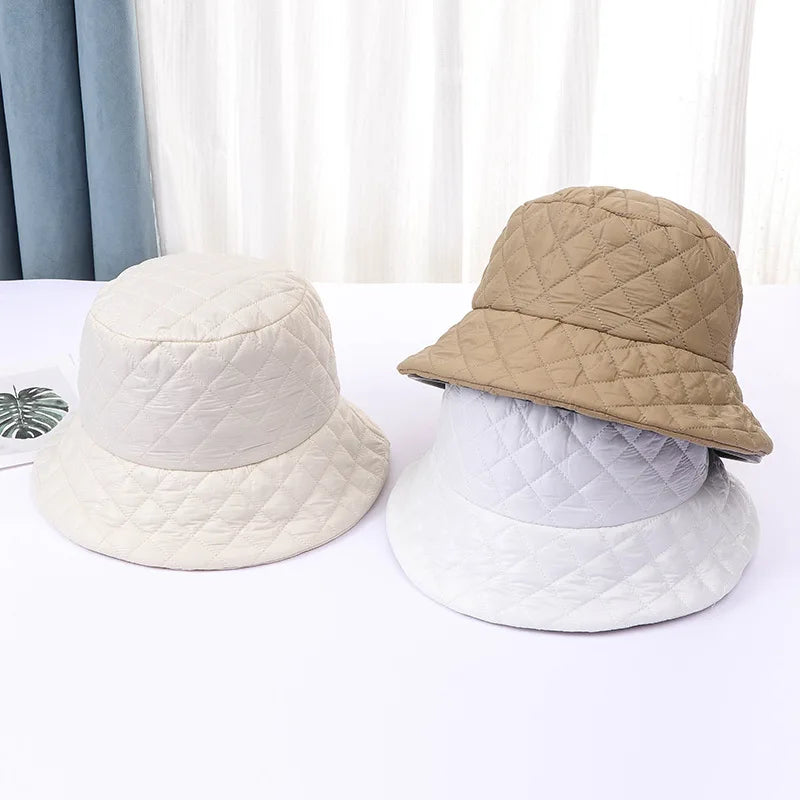 Winter New Ultra Light Down Cotton Rhombus Fisherman Hat  Cap Cotton Jacket Warm Korean Casual y2k Pot Hat