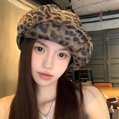 American Y2k Personalized Star Leopard Print Beret