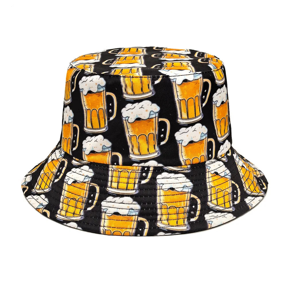 Cartoon Beer Bucket Hat Beer Printing Pattern Fisherman Hats Double Sides Polyester Panama Cap Unisex Outdoor Beach Travel New
