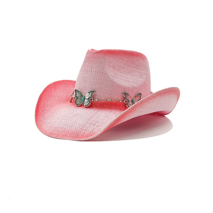 Western Thick Cowboy Hat Retro Pink Gradient Straw Hat