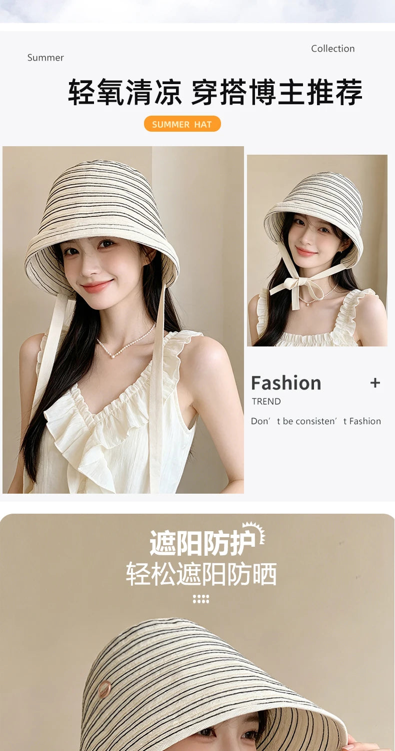 Korean Striped Fisherman Hat Summer Outdoor Travel Sun Hat Japanese Strap Wrapped Around the Brim Sun Hat