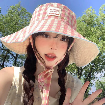 Double-Sided Plaid Wide Edged Lace-Up Bucket Hat