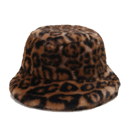 Women Leopard Print Fur Hat Thickened Winter Warm Fisherman Hat