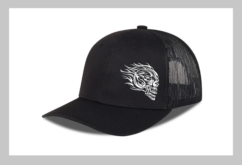 Flame Skull Print Trucker Cap Breathable Mesh Adjustable Cool & Bold Rocker Style Fashion Unisex Outdoor