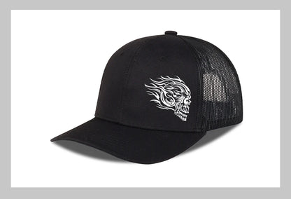 Flame Skull Print Trucker Cap Breathable Mesh Adjustable Cool & Bold Rocker Style Fashion Unisex Outdoor