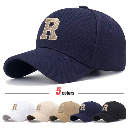 High Quality Cotton Hard Top Baseball Cap Elastic Pineapple Cloth Material Gold Thread Embroidery Craft R Letter Design Style