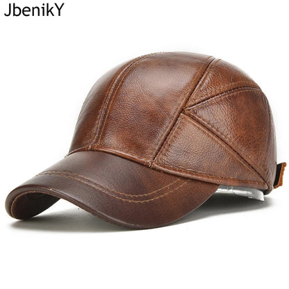 Brand Men Casual Real Leather Earflap Cap Men Real Cowhide Leather Caps