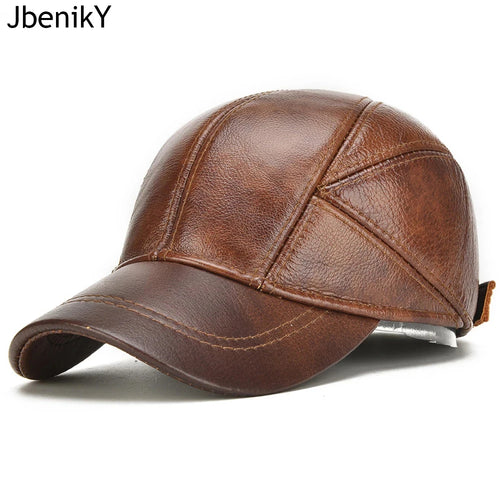 Brand Men Casual Real Leather Earflap Cap Men Real Cowhide Leather Caps