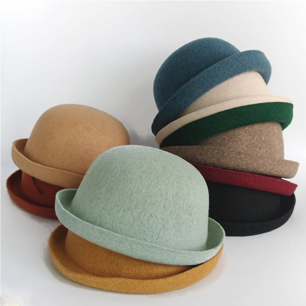 New Outdoor Fedora Pure Color 100% Wool Jazz Hat Wide Brim Ladies Elegant Round Hat