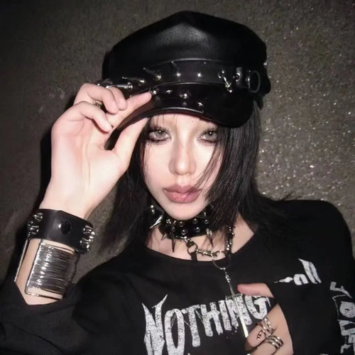 Goth Punk Beret Belt Buckle Leather Hat Spring Autumn