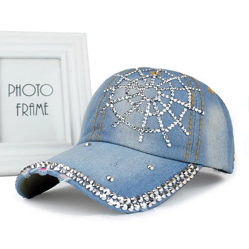 New Women Washed Denim Rhinestone Crown Baseball Cap