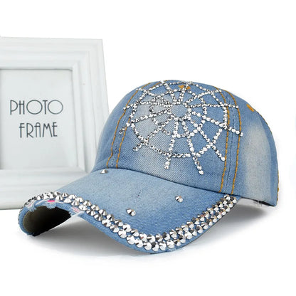 New Women Washed Denim Rhinestone Crown Baseball Cap