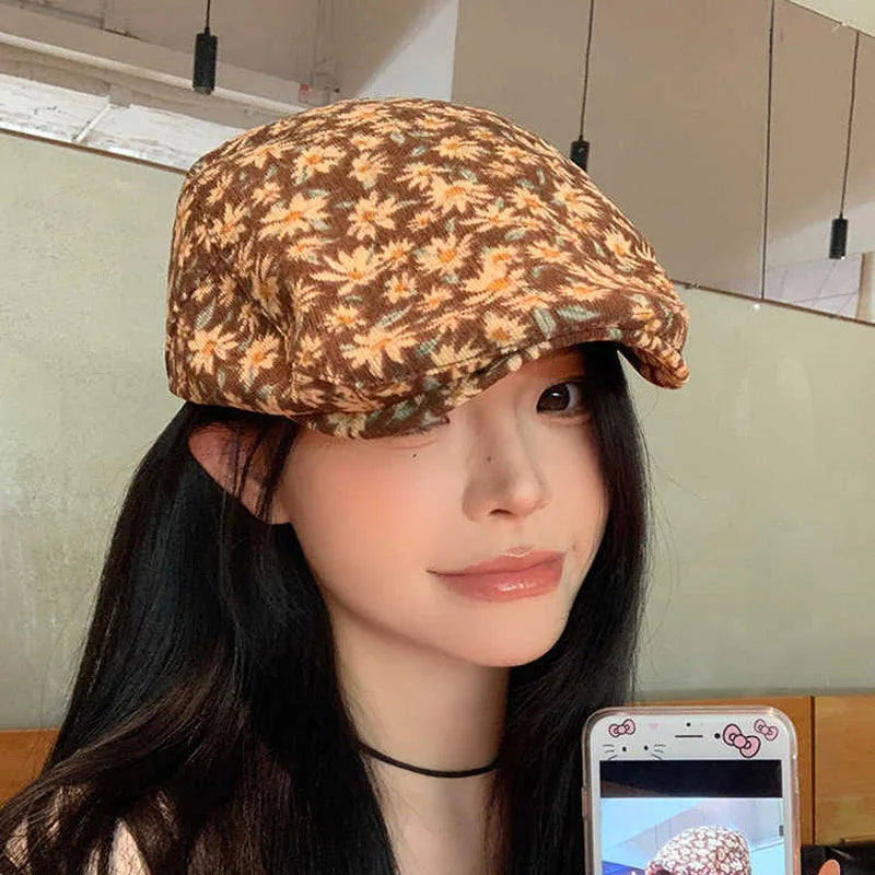 Beret Women Spring 2026 Summer Vintage Floral Print French Cap Peaky Blinders Hats