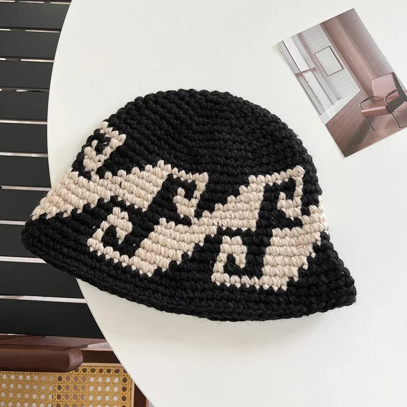 Korean Autumn Winter Retro Crochet Knitted Wool Bucket Hat Women