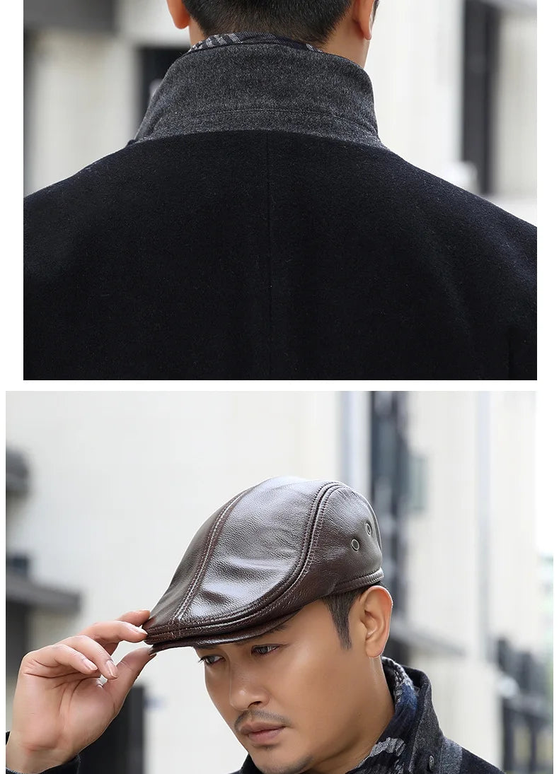 Genuine Leather Beret Hat For Men Warm Windproof Winter Cap