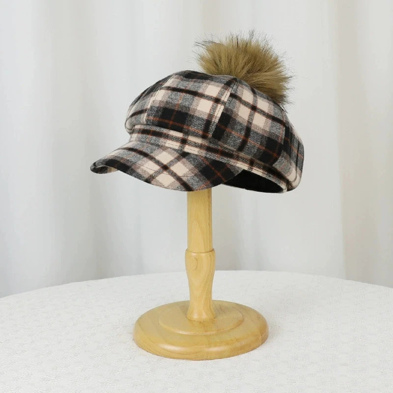 British Retro Autumn/Winter Women Plaid Beret Sun Shade Warm Octagonal Hats