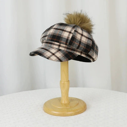 British Retro Autumn/Winter Women Plaid Beret Sun Shade Warm Octagonal Hats