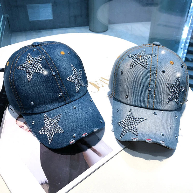 Women Punk Shiny Rhinestone Denim Baseball Cap
